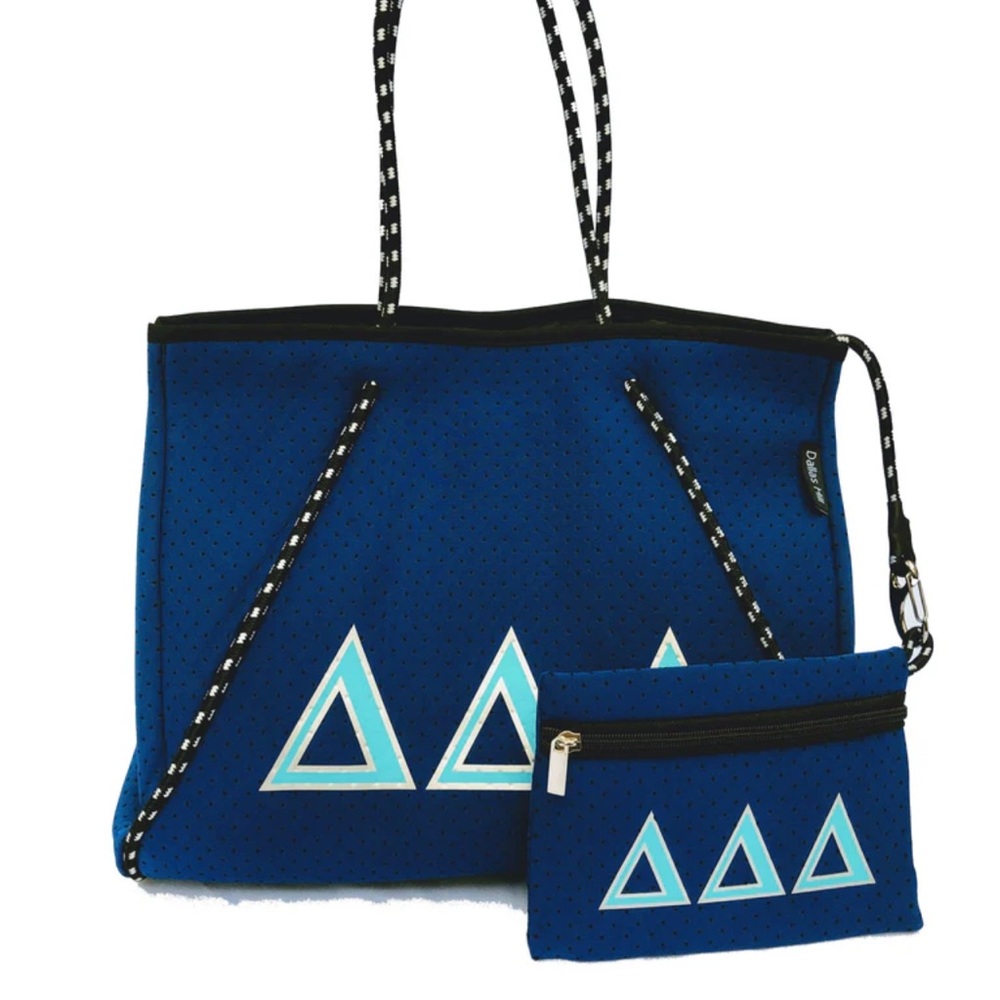 Tri Delta neoprene tote bag with detachable pouch